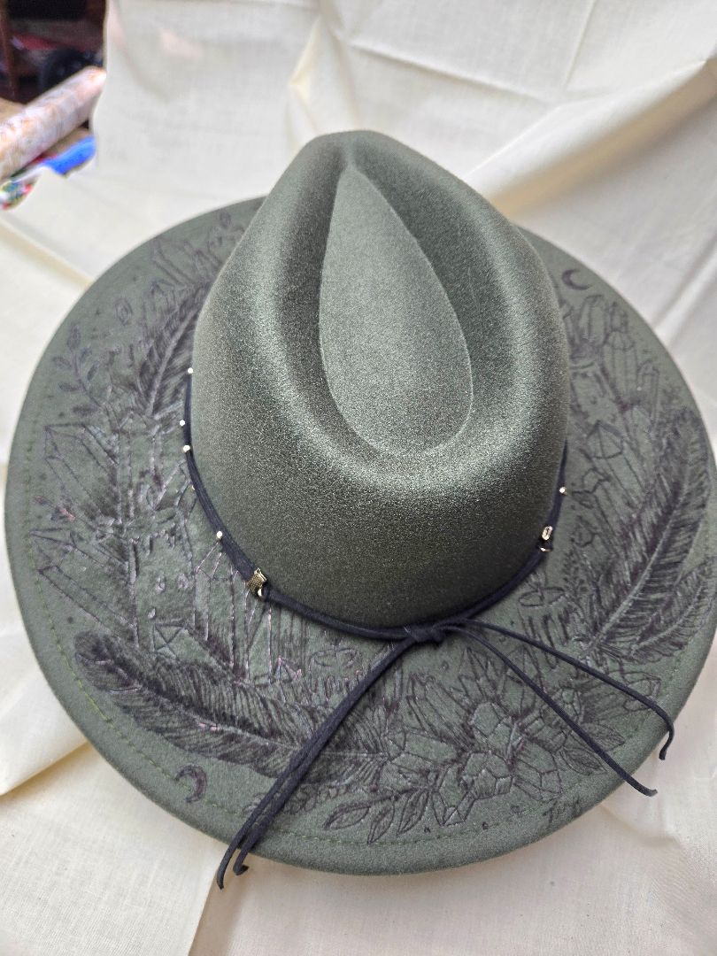 Hat faux suede green feathers and crystals