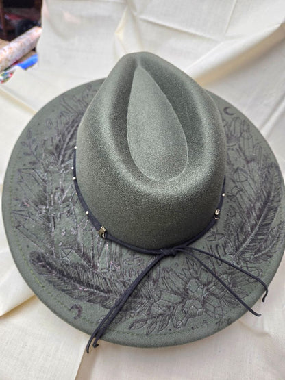 Hat faux suede green feathers and crystals