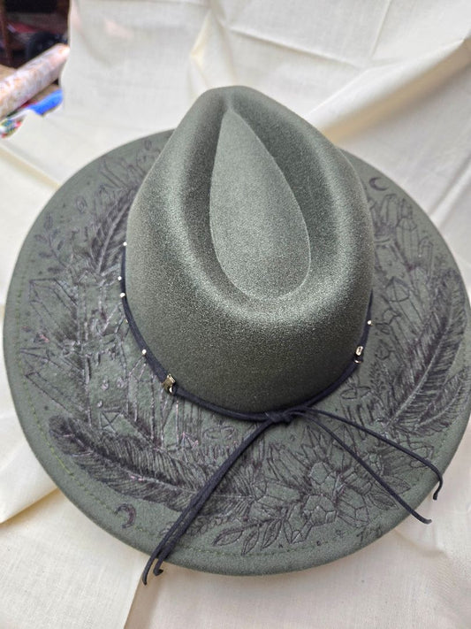 Hat faux suede green feathers and crystals