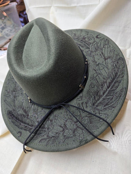 Hat faux suede green feathers and crystals