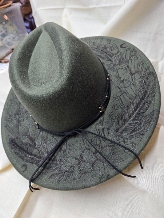 Hat faux suede green feathers and crystals