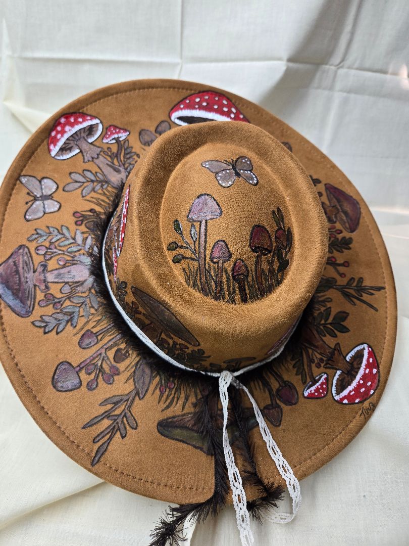 Hat Faux Suede tan mushroom hand painted