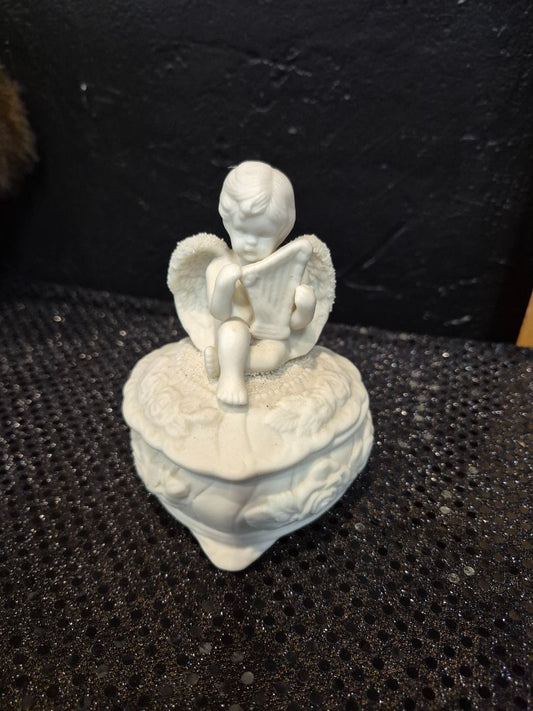 Bisque Style Porcelain Angel Cherub with Harp Trinket box