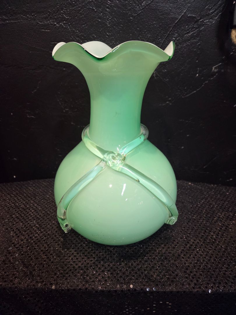 Vintage Hand Blown Jade Fluted Vase