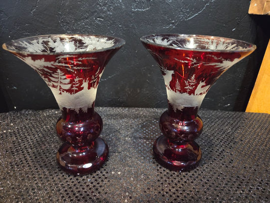 Vintage Bohemian Ruby cut to clear glass vase set 2 as is!