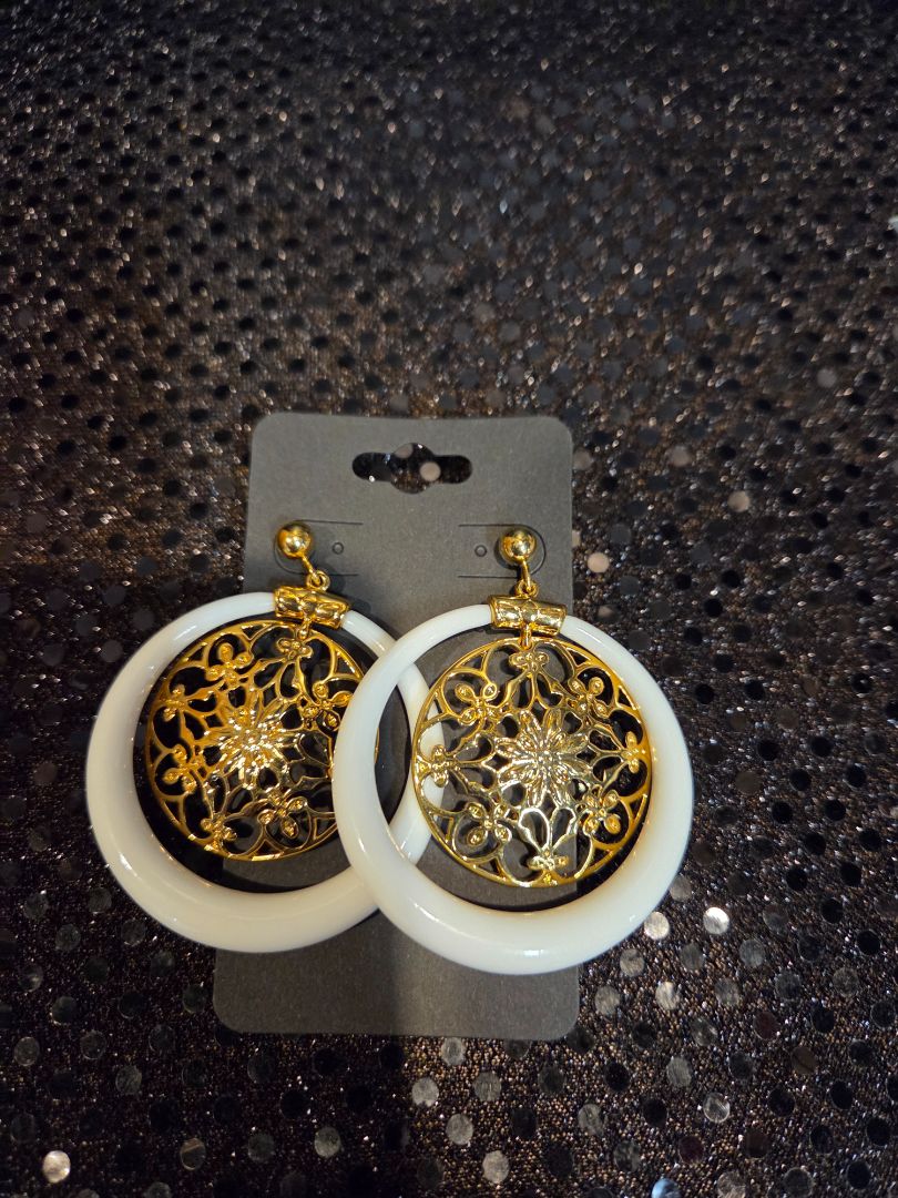 Joan Rivers Large Ornate Gold Color and White Hoop Hanging Dangle Earrings