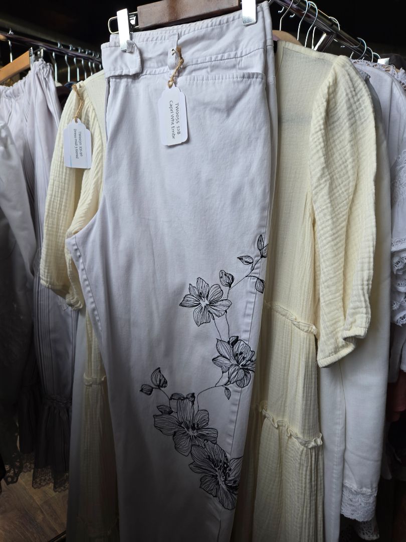 Pants white w black floral embroidery