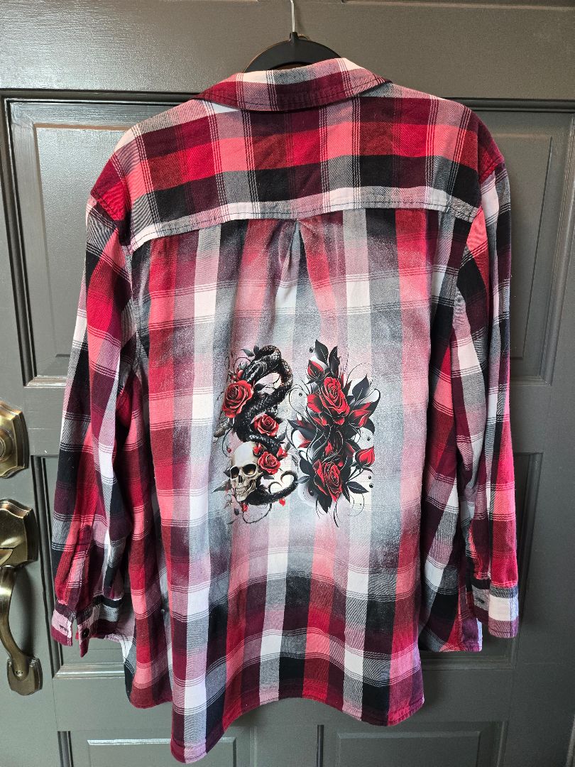 shirt red plaid w roses