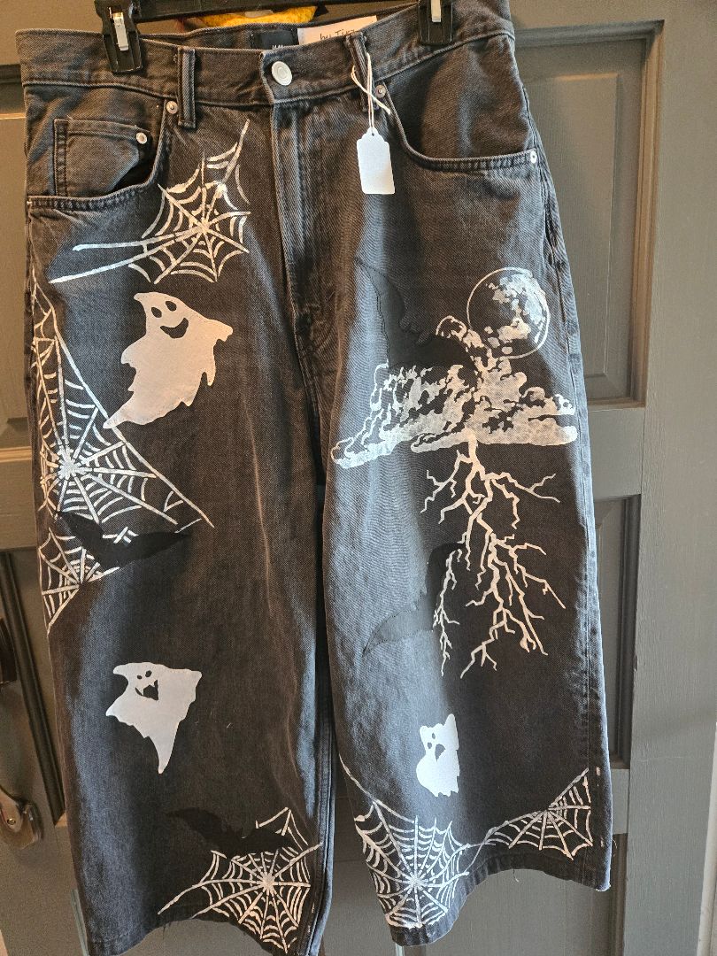 jeans blk ghost, bats and webs wide leg, 32