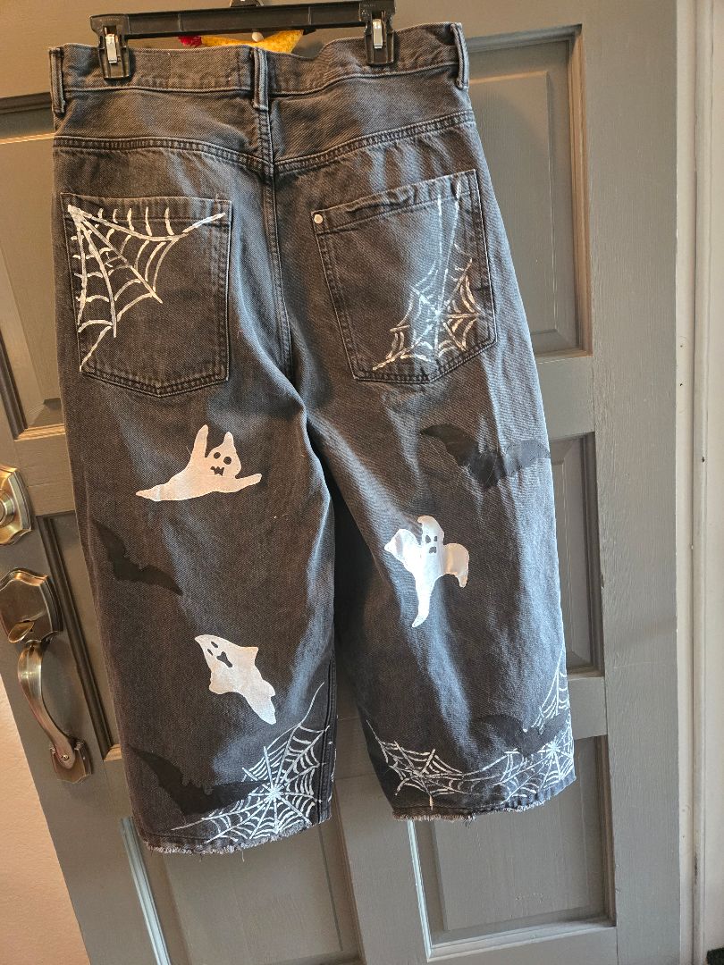 jeans blk ghost, bats and webs wide leg, 32