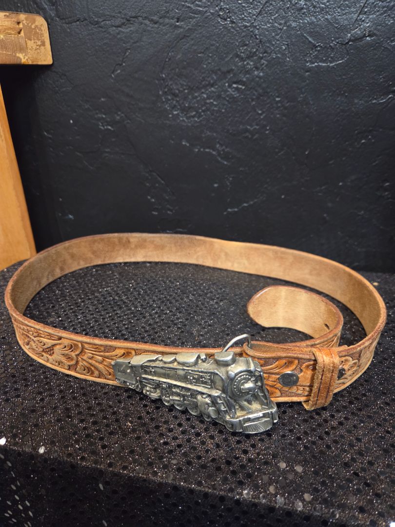 Vintage Leather Cow Hide Belt with Train Belt Buckle