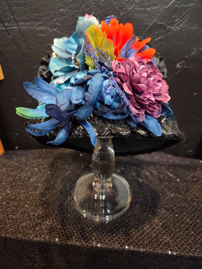 Black Basket Weave Hat with multiple flowers and teal and rhinestone hat band