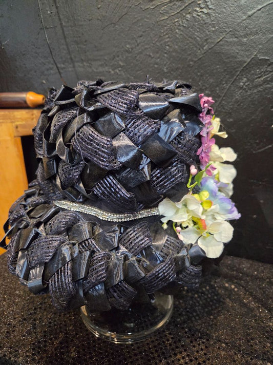 Navy Blue Ribbon Weaved with rhinestone hatband and silk flowers