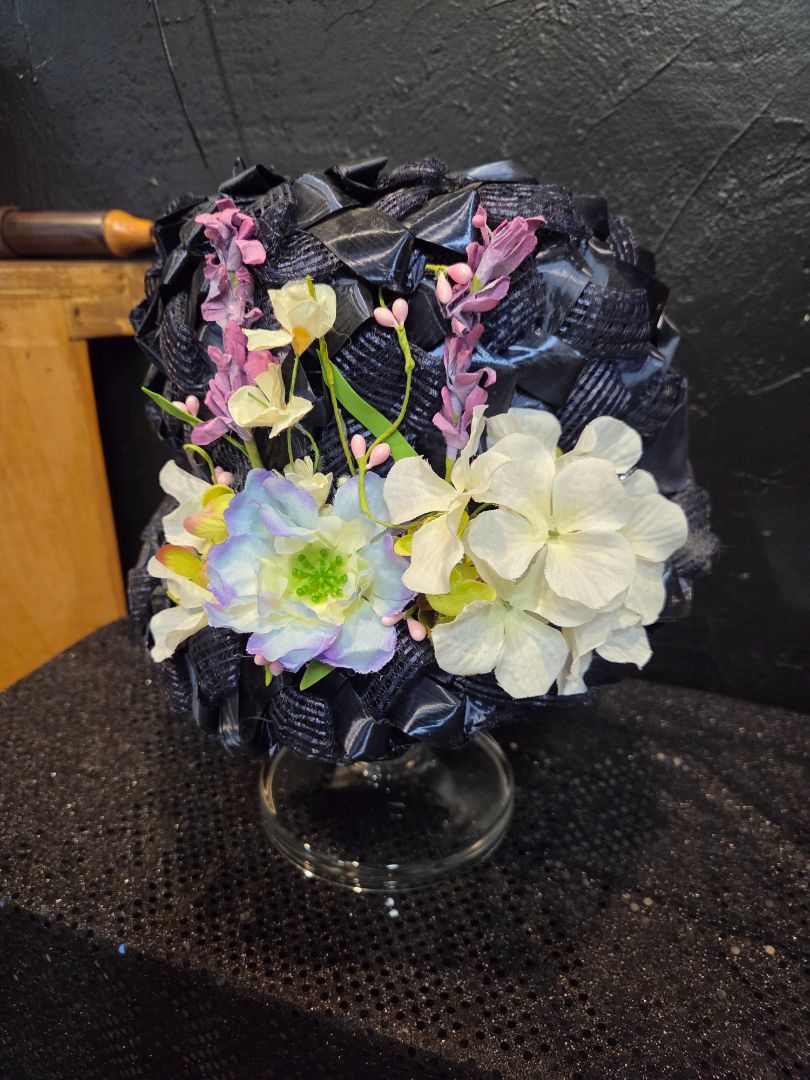 Navy Blue Ribbon Weaved with rhinestone hatband and silk flowers