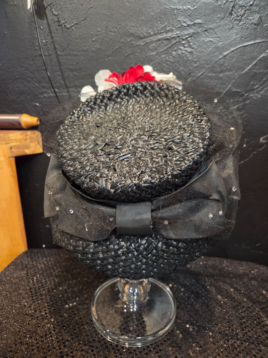 Black Ribbon weaved with red and white silk flowers Hat