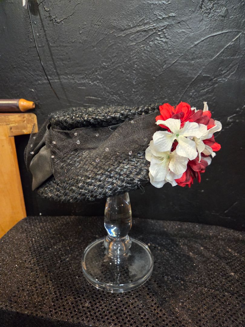 Black Ribbon weaved with red and white silk flowers Hat
