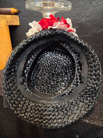 Black Ribbon weaved with red and white silk flowers Hat