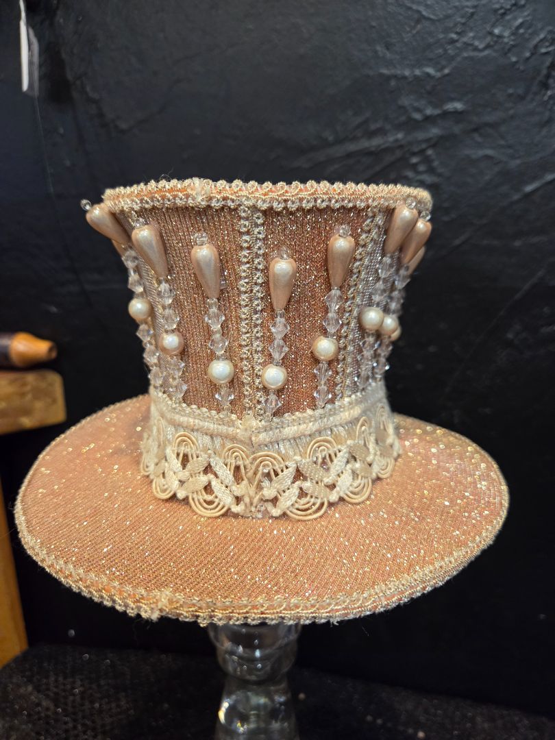 Gold glitter toned with antique ribbon Top Hat with clips