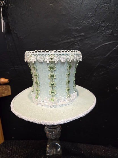 Light Green hat with white bunnies and white trim Top Hat with clips