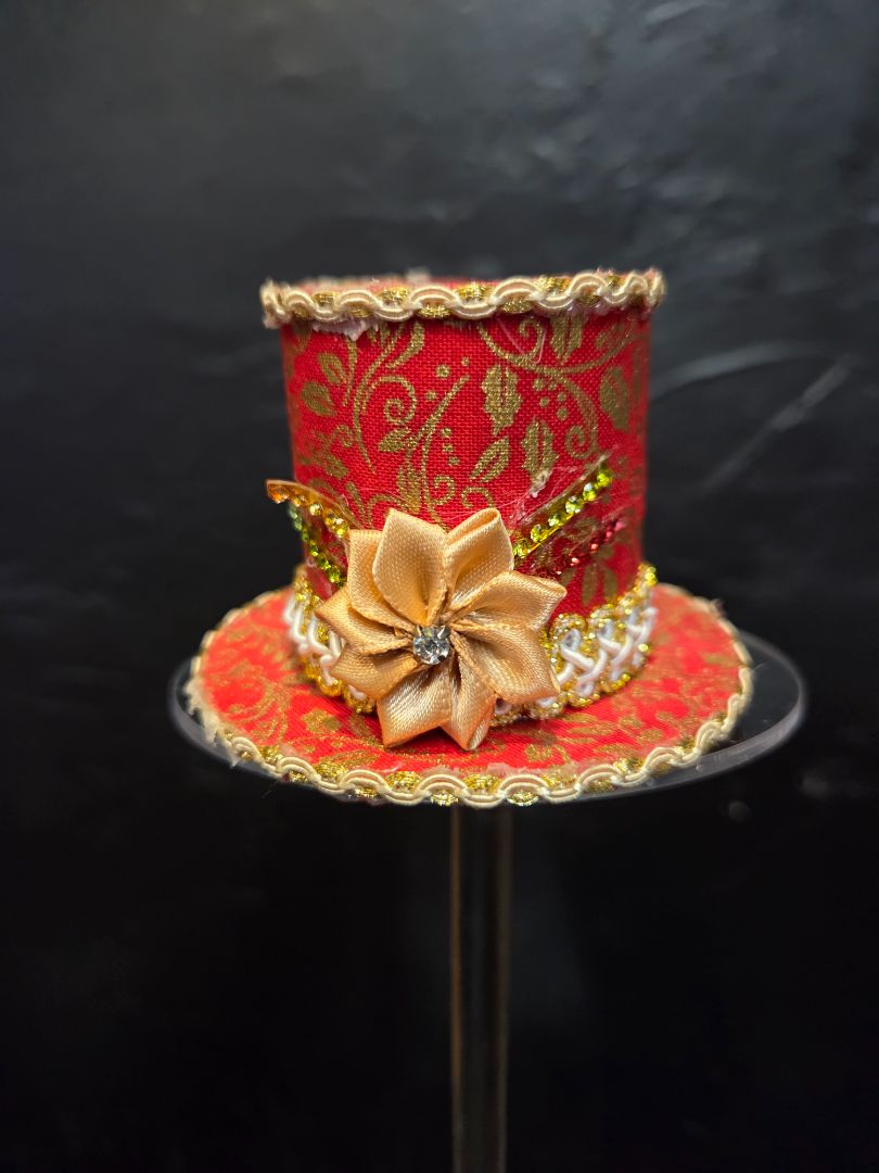 Small Side head clip on Red and Gold top hat with clip