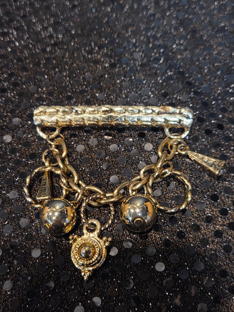 Gold Toned Swag Brooch with Orbs and Key Charms by Les Bernard