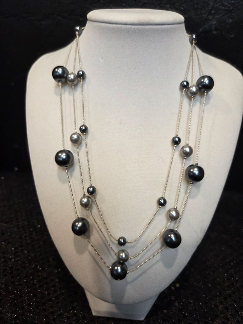 Vintage RMN Signed Silver and Grey Glass Beaded triple strand