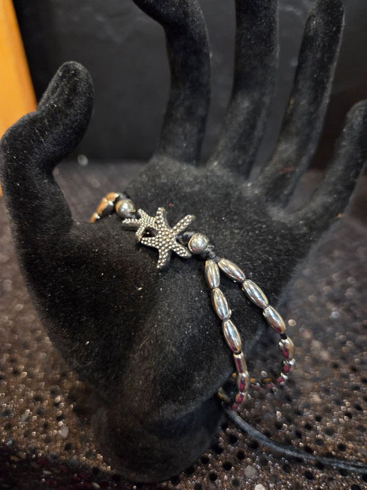 Anklet Bracelet Starfish Beaded Silver Tone Surf Summer Sea ocean black