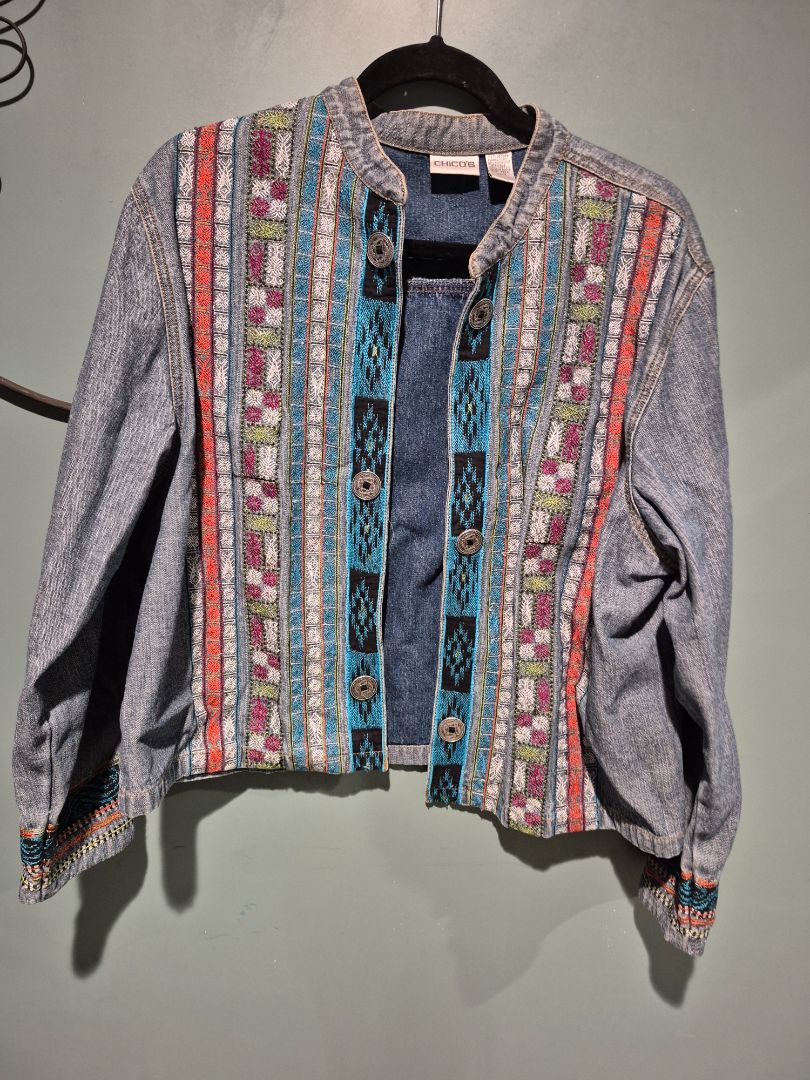 Chico's Denim Jacket Embroidery Southwest Open Front (sz 3)