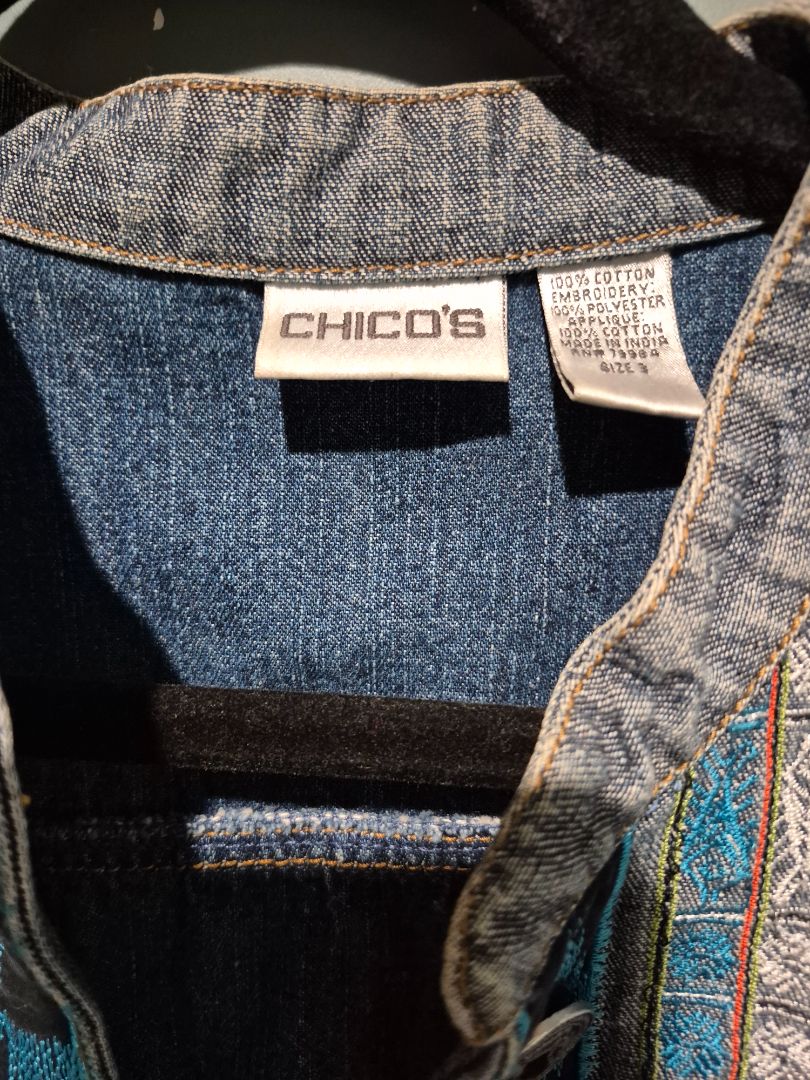 Chico's Denim Jacket Embroidery Southwest Open Front (sz 3)