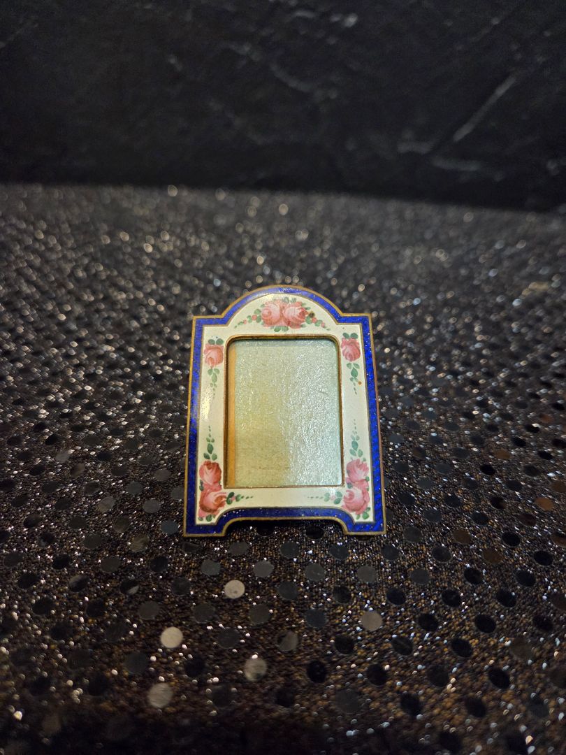 Antique Micro Czech Picture frame Blue with Roses and Cloisonne