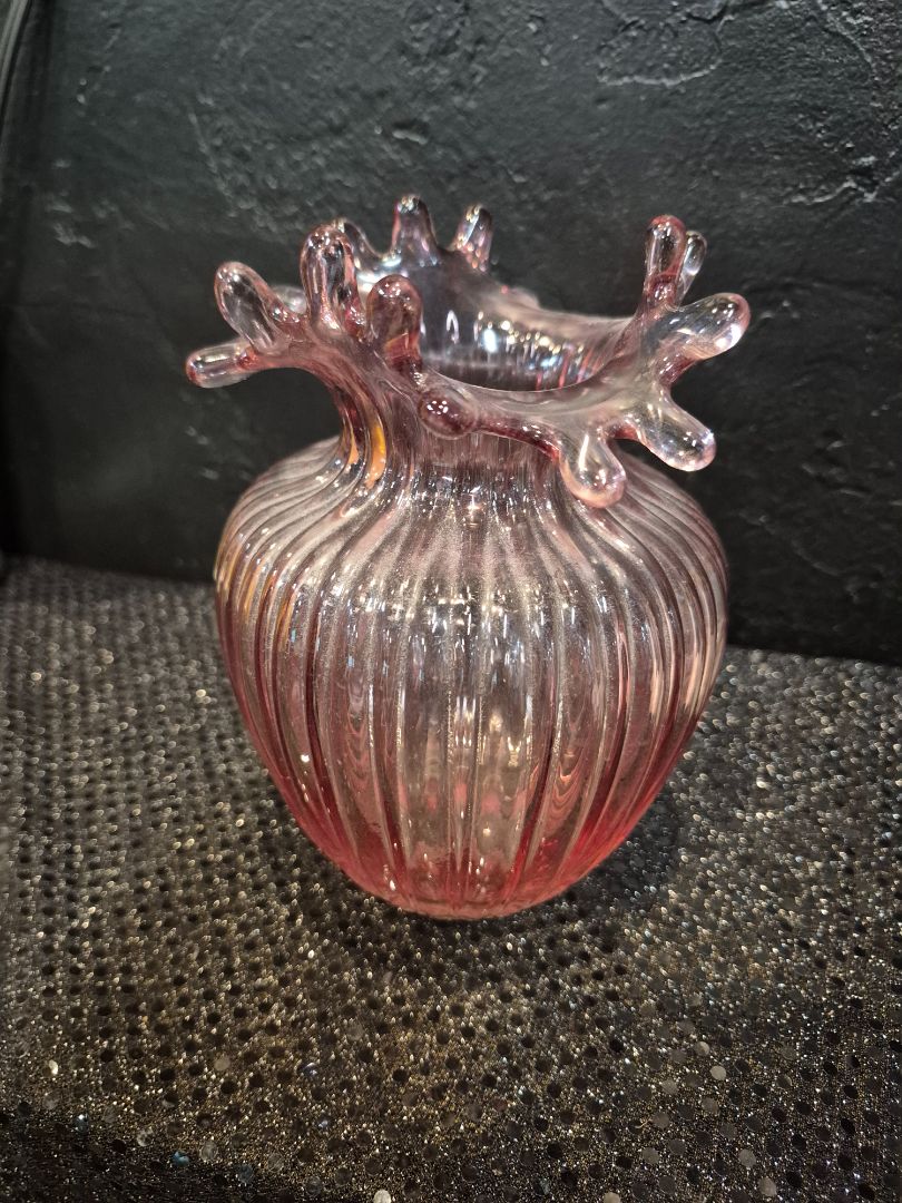 Vintage Glass Vase with Flower Rim and Line Dark Pink