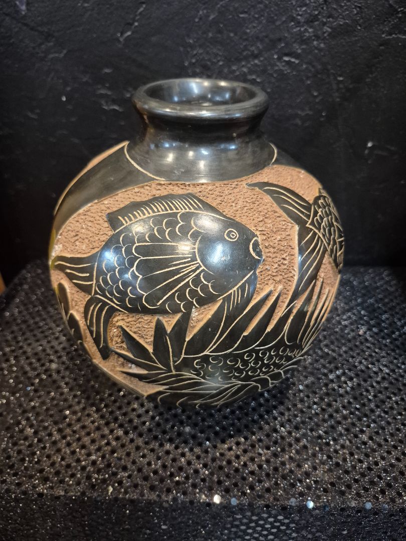 Swimming Fish Incised Clay Pottery Vase Textured