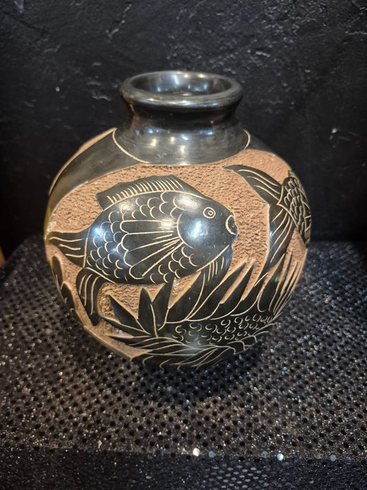 Swimming Fish Incised Clay Pottery Vase Textured