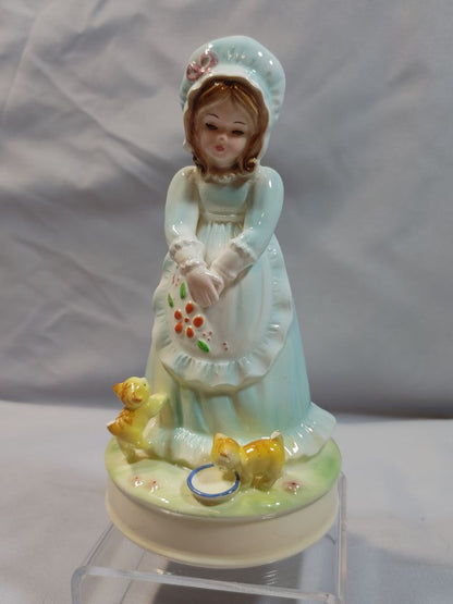 1967 Josef Originals Musicbox, girl feeding 2 kittens, 6"