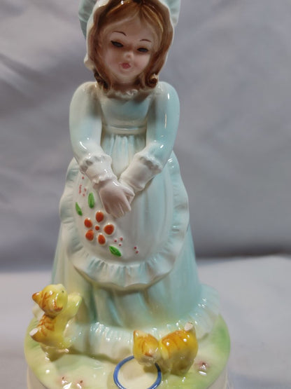 1967 Josef Originals Musicbox, girl feeding 2 kittens, 6"