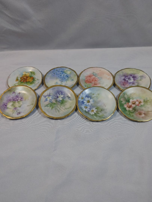 Vtg Set of 8 Hand Painted Floral Porcelain butter pats/plates – Signed Faucett Gold Trim, 2.5"