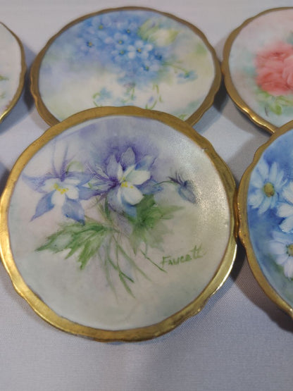 Vtg Set of 8 Hand Painted Floral Porcelain butter pats/plates – Signed Faucett Gold Trim, 2.5"