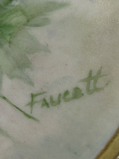 Vtg Set of 8 Hand Painted Floral Porcelain butter pats/plates – Signed Faucett Gold Trim, 2.5"