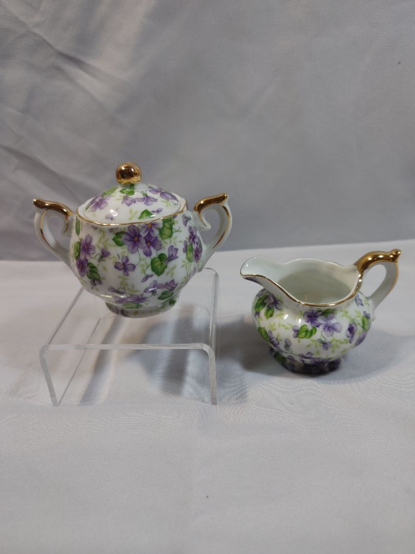 Vintage Lefton China Violet Chintz Mini Sugar Bowl & Creamer Set, 3.5"