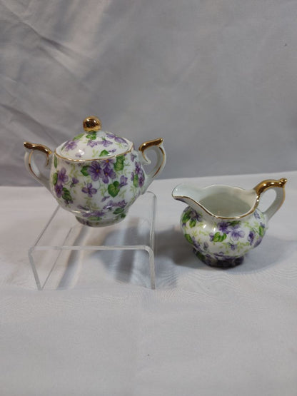 Vintage Lefton China Violet Chintz Mini Sugar Bowl & Creamer Set, 3.5"