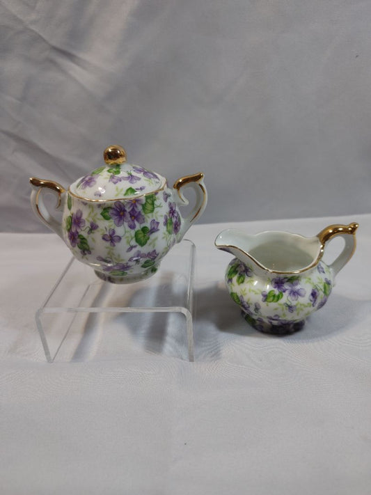 Vintage Lefton China Violet Chintz Mini Sugar Bowl & Creamer Set, 3.5"