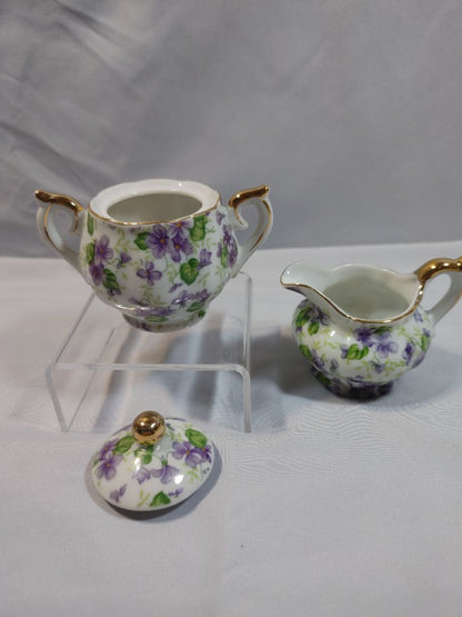 Vintage Lefton China Violet Chintz Mini Sugar Bowl & Creamer Set, 3.5"