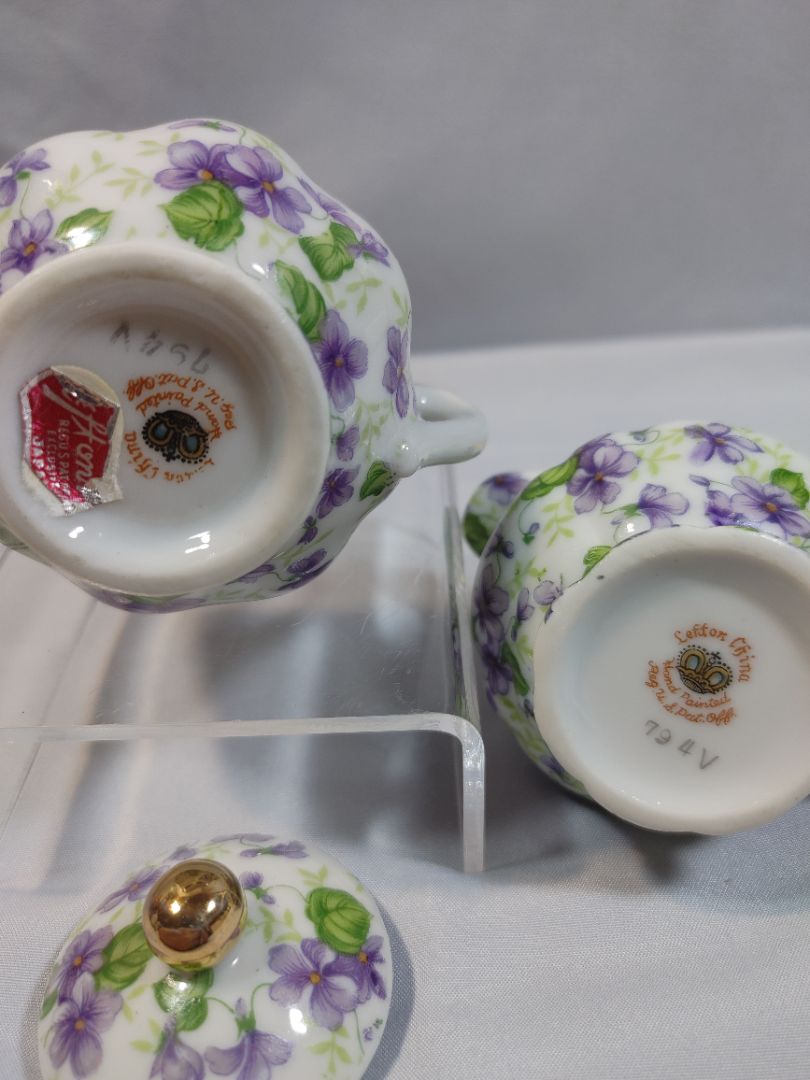 Vintage Lefton China Violet Chintz Mini Sugar Bowl & Creamer Set, 3.5"