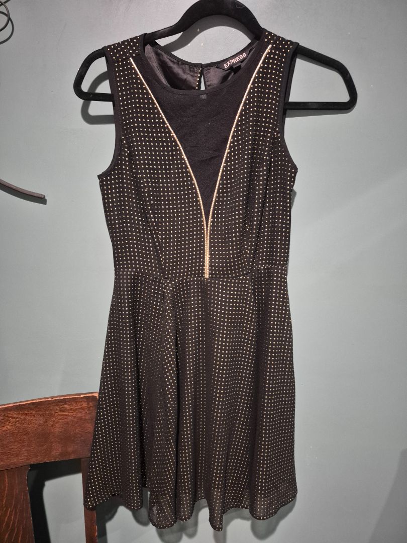 Express Black Gold Polka Dot Sleeveless Party Cocktail Dress Womens