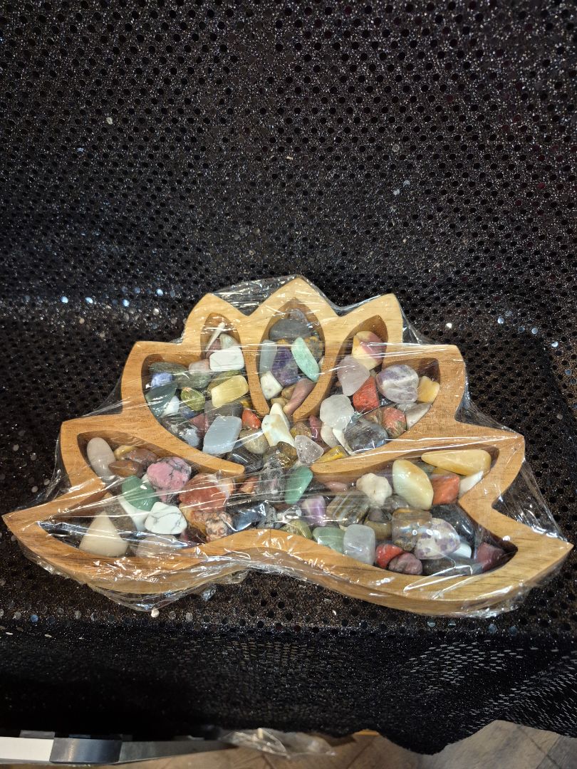 Wooden Crystal Display Tray Large Lotus Organizer Tumbled Stone