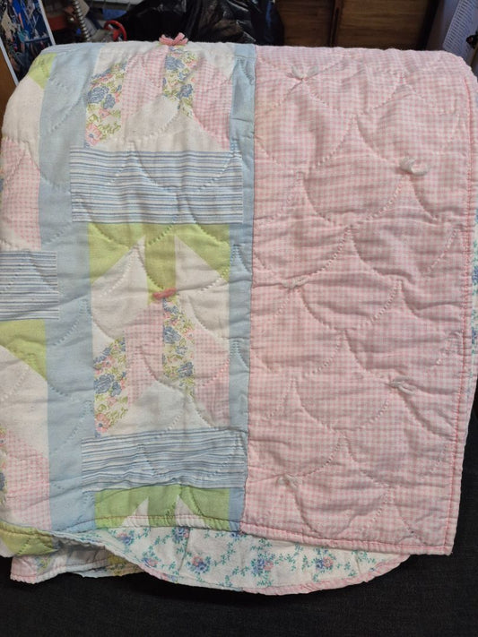 HAND-MADE Quilt Twin Size Pink/Blue/Green