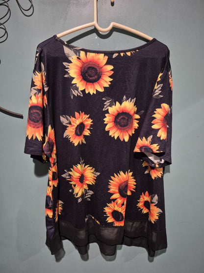 Short Sleeve 4xl Black Tunic w/Sunflowers