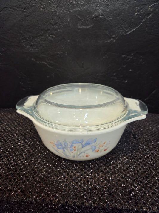 Vintage Pyrex of England Casserole Dish "Blue Iris" Pattern