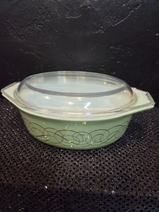 Vintage Pyrex Sage Green Golden Scroll Oval Casserole dish