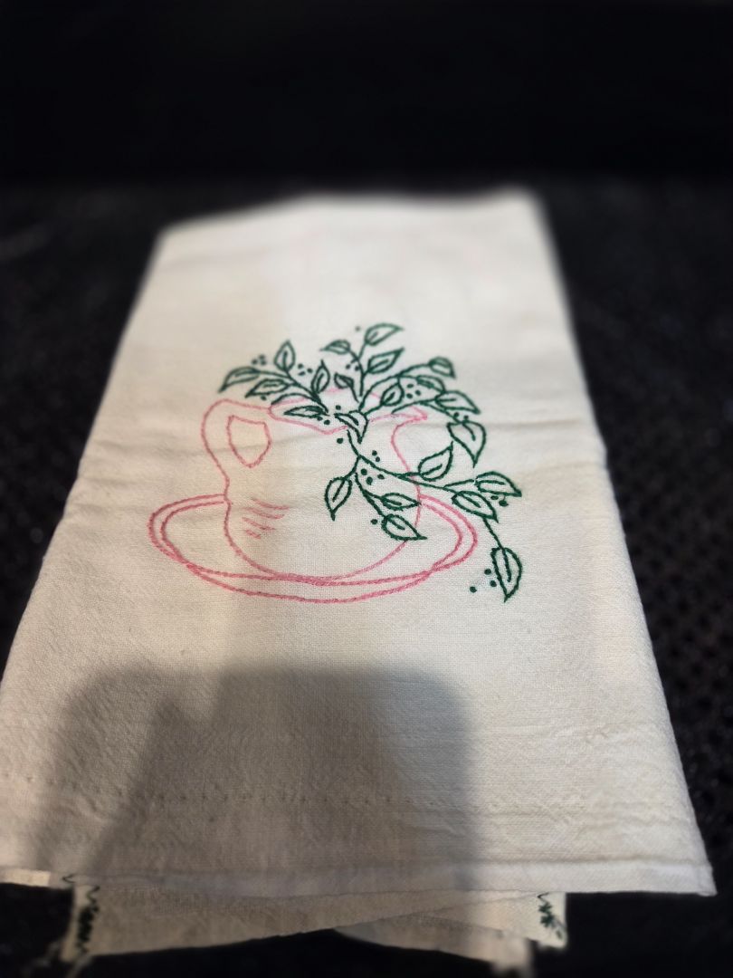 Hand Embroidered Cotton Tea Towel "Tea Pot and Greens"